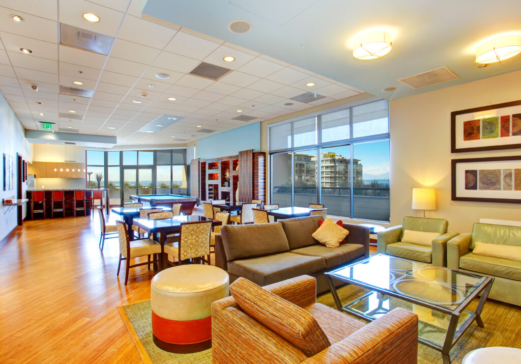Club house with pool table and rest area. Residential building