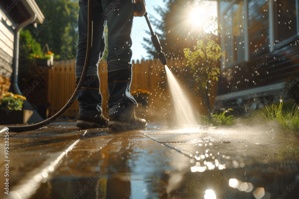 Man cleaning outdoor wooden deck with power washer, water spray and sunlight in background, patio maintenance concept