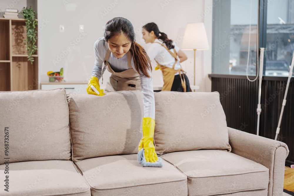 Two women contractors working as housekeepers in an office, wiping glass, sweeping floors, mopping, and cleaning sofas. Providing full-service cleaning for homes, condos, factories, and hotels