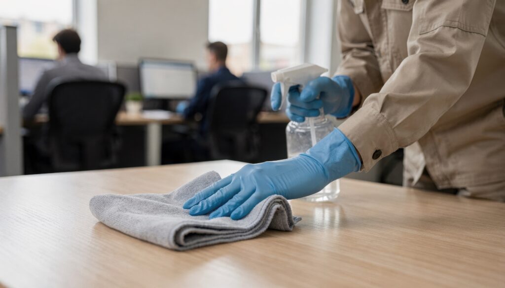 Medium shot of cleaning professional sanitizing desks in a small suite office with attention on spray bottle and cloth blurring coworkers in background.